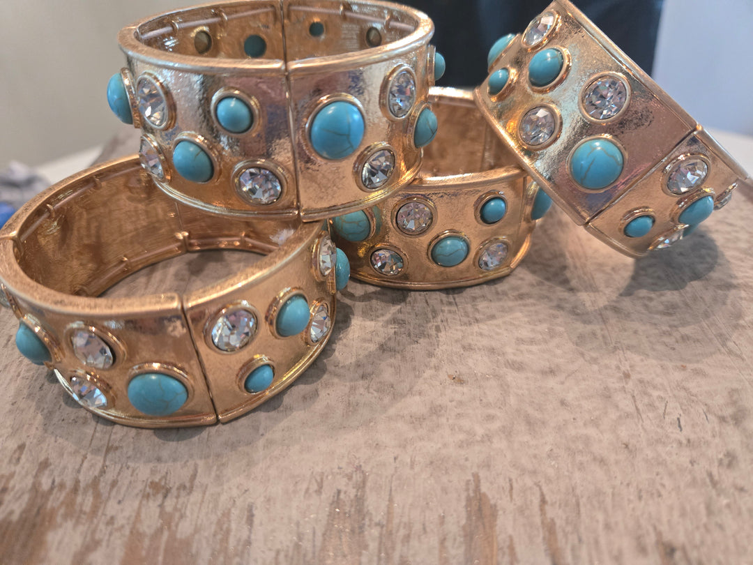 Gold stretch bracelet with turquoise and rhinestones