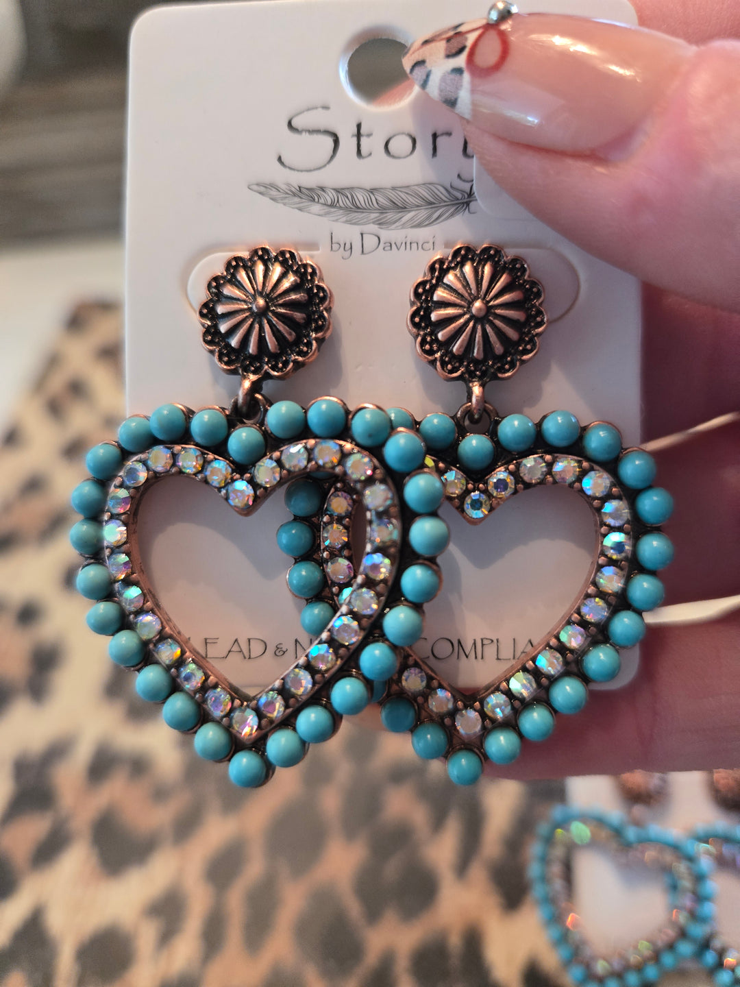Turquoise and rhinestone heart earrings
