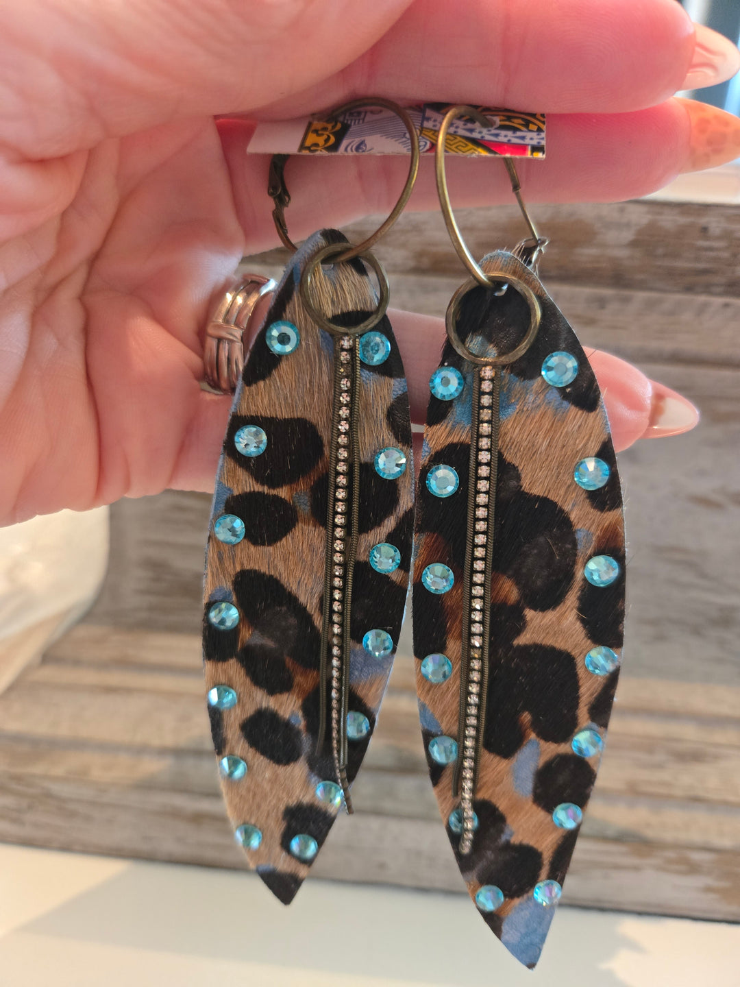 Leather leopard teal rhinestone danglele earrings