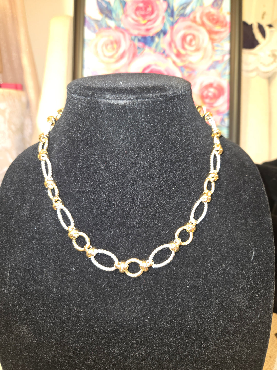 Gold and silver open link knotted necklace 16 to 18 in