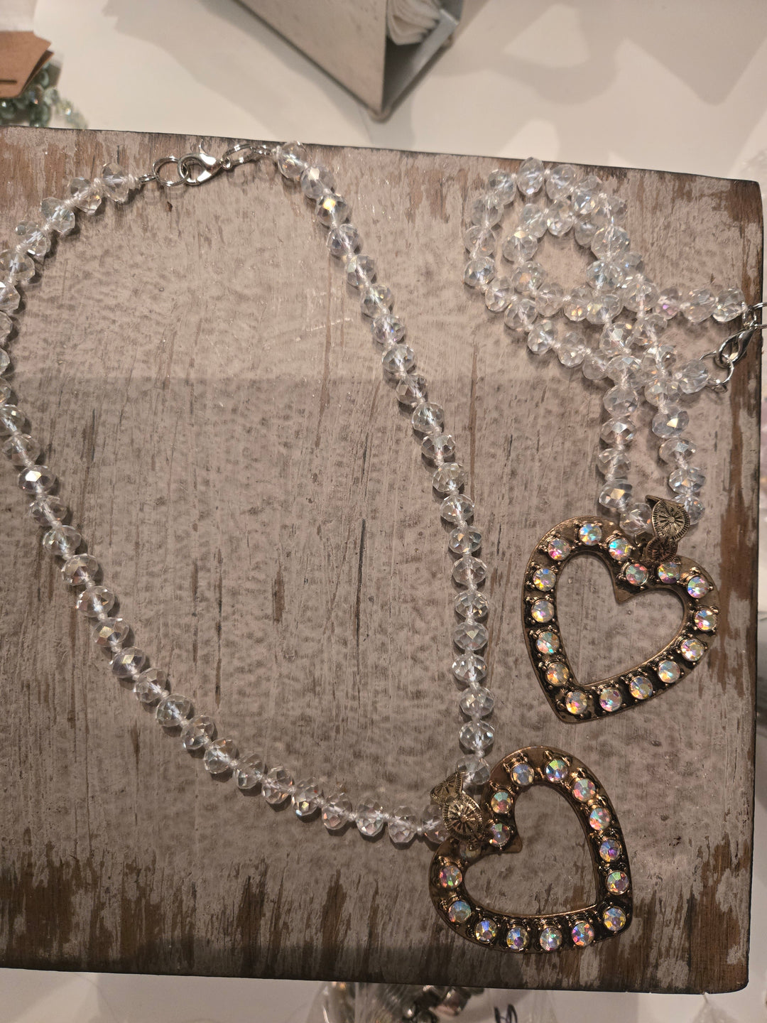 Crystal beads with multifaceted rhinestone heart charm necklace