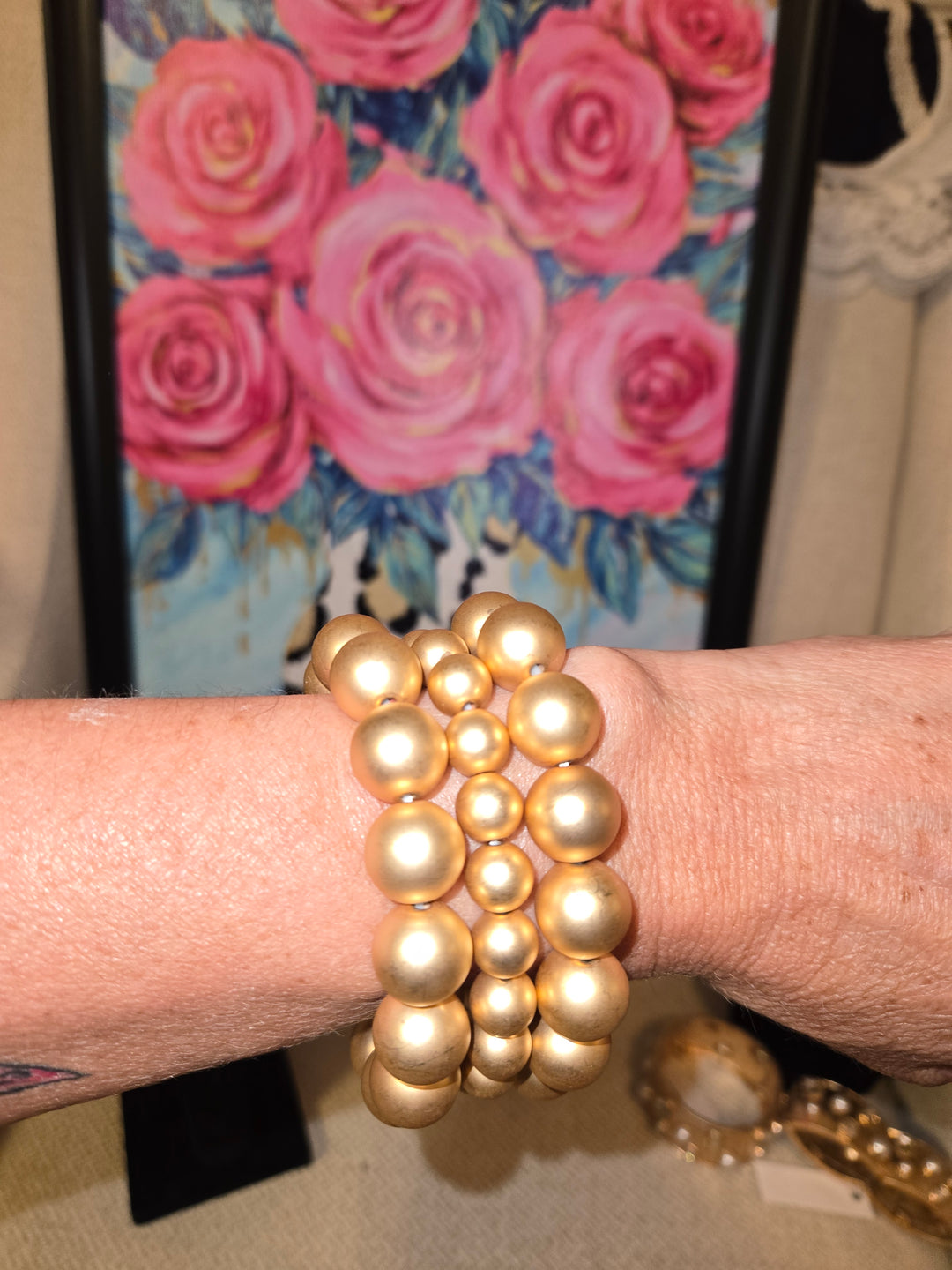 Matte gold stretch bracelets. Set of three 10 and 15 mm beads