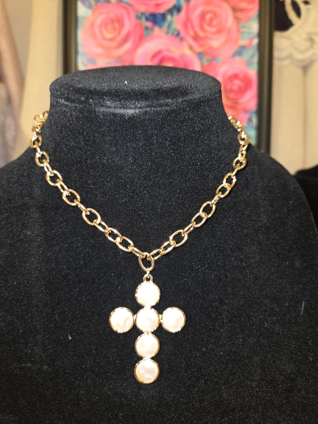 Gold chain with coin Pearl cross
