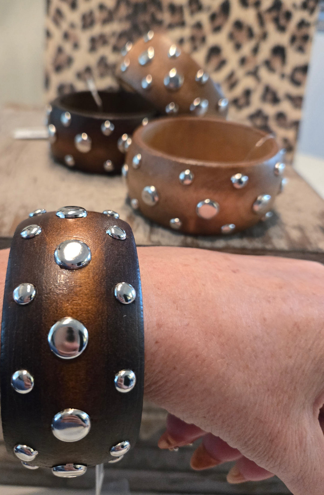 Wide Wood bangle bracelet with silver studs