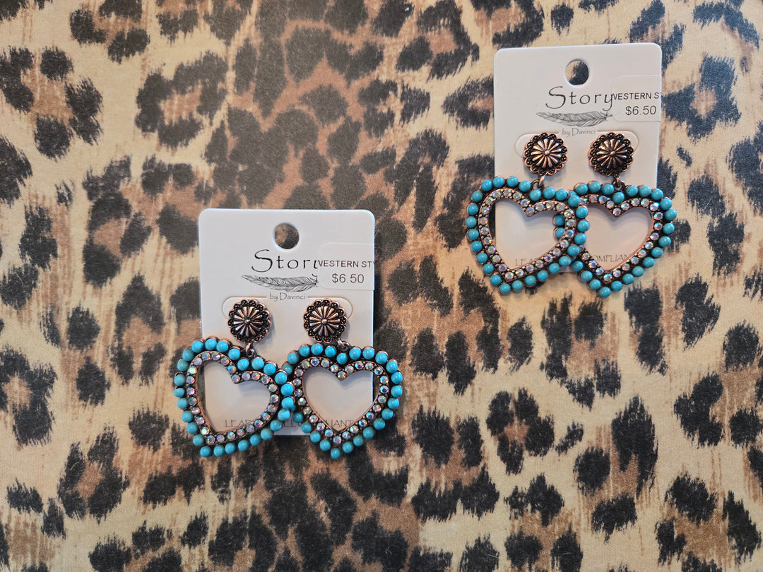 Turquoise and rhinestone heart earrings