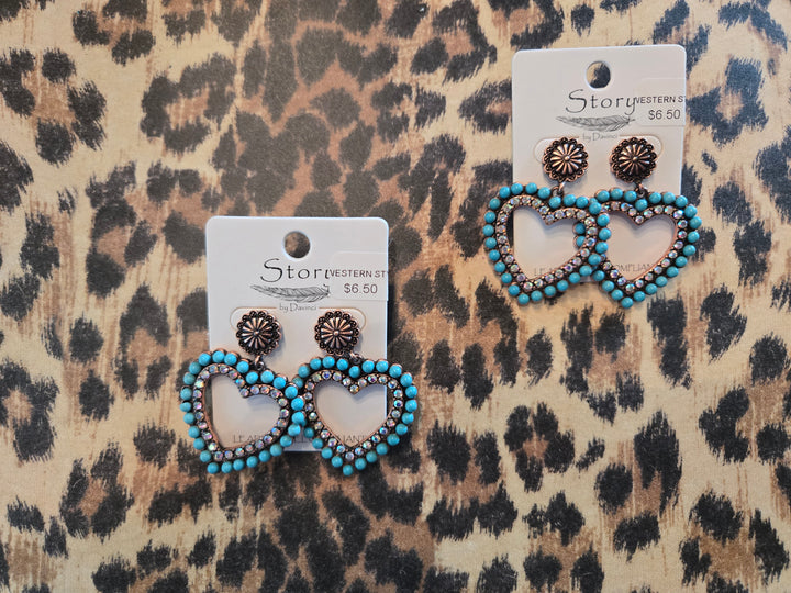 Turquoise and rhinestone heart earrings