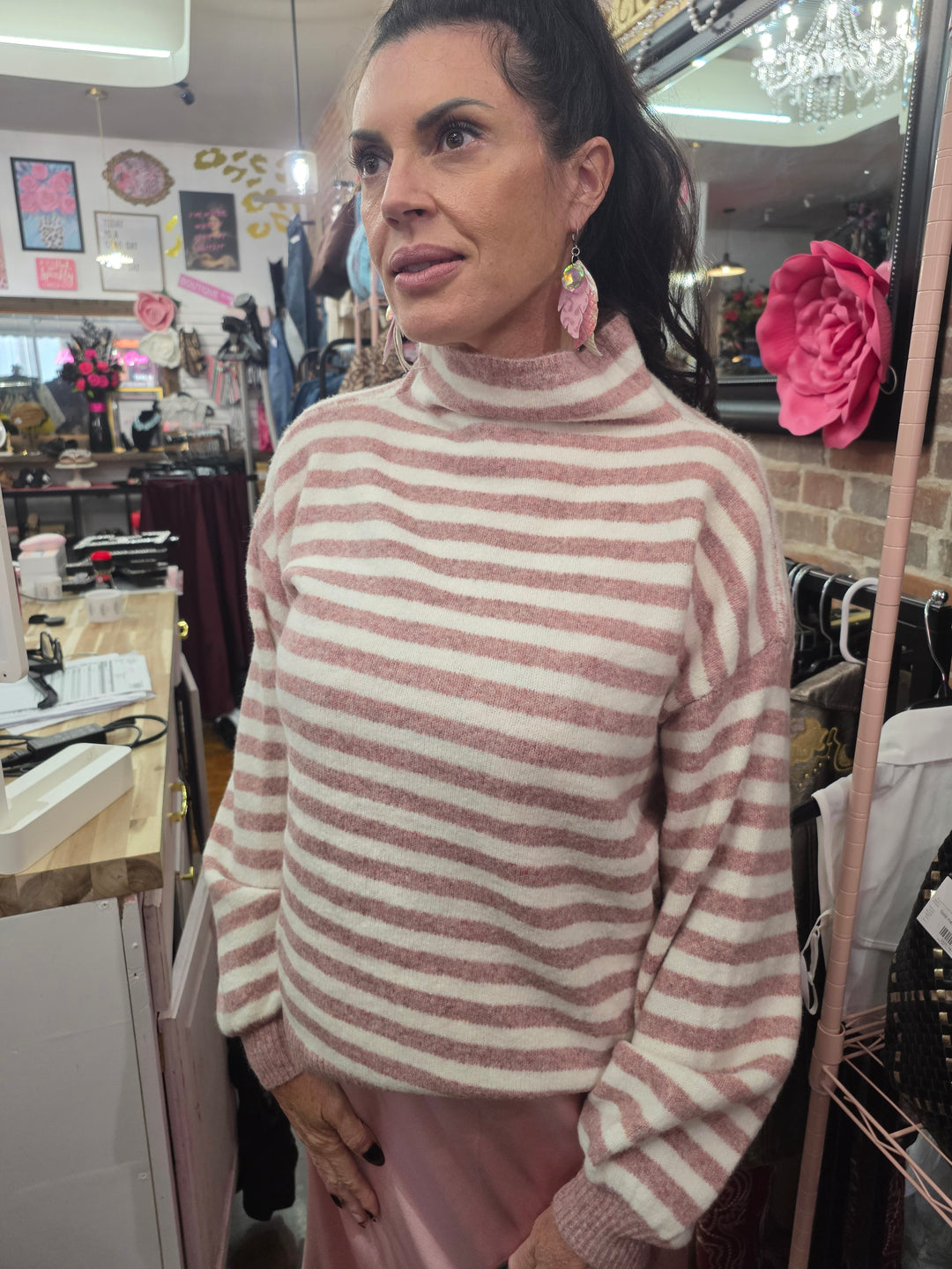 Striped mock neck